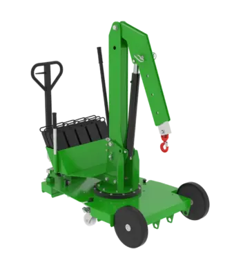 Mobiler Transportkran in 3D-Ansicht mit eingeklapptem Ausleger und Gegengewichten