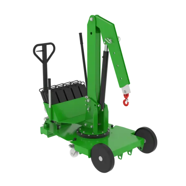 Mobiler Transportkran in 3D-Ansicht mit eingeklapptem Ausleger und Gegengewichten